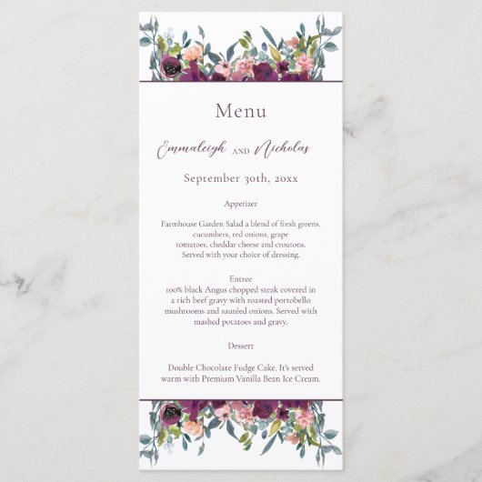 Elegant Floral | Paarse Garland Weddenschap Menu (Voorkant)