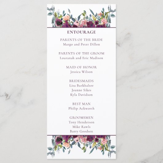 Elegant Floral | Paarse Garland Weddenschap Programmakaart (Achterkant)