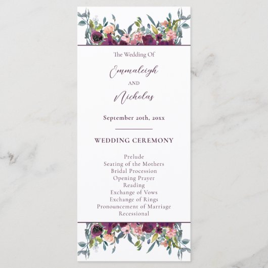 Elegant Floral | Paarse Garland Weddenschap Programmakaart (Voorkant)