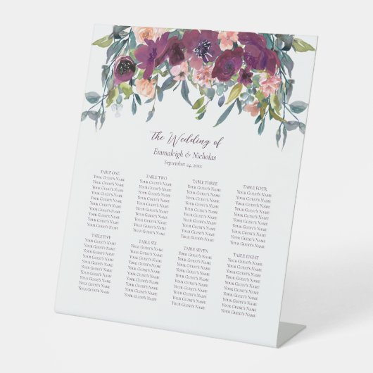 Elegant Floral | Paarse Garland Weddenschap Reclamebord Met Voetstuk (Voorkant)