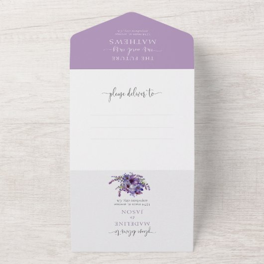 Elegant Floral Paarse Lavender Waterverf All In One Uitnodiging (Buitenkant)