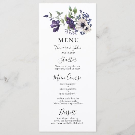 Elegant Floral Paarse Navy Waterverf Menu (Voorkant)