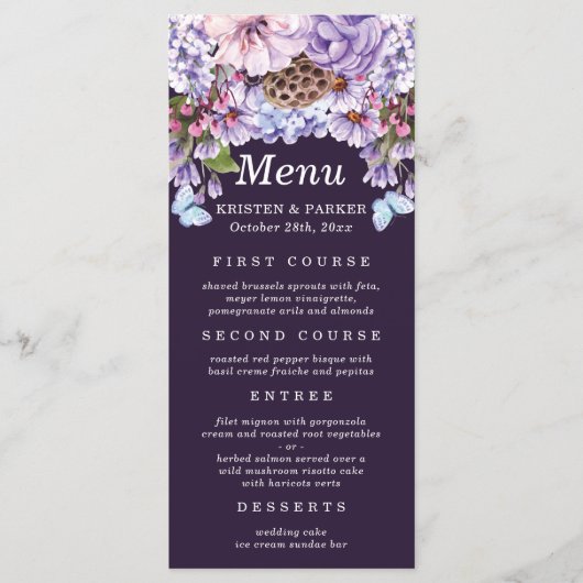 Elegant Floral Paarse Waterverf Wedding Menu (Voorkant)