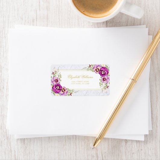 Elegant Floral  Pansies Paars marmer Label (Insitu)