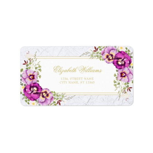 Elegant Floral  Pansies Paars marmer Label (Voorkant)