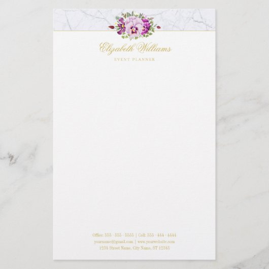 Elegant Floral Pansies Paarse Chic Marble Briefpapier (Voorkant)