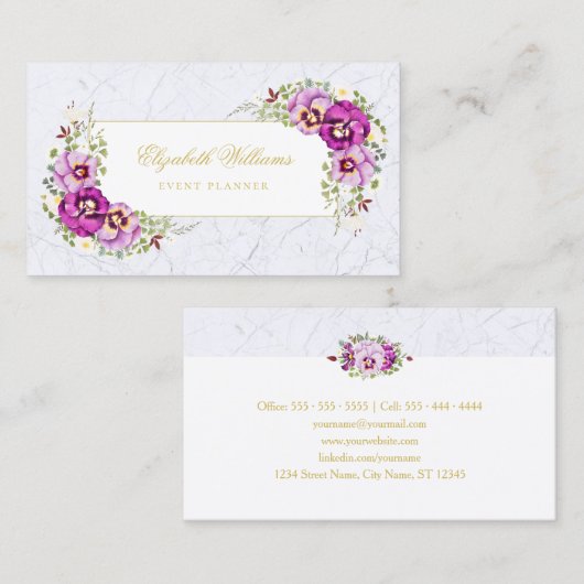 Elegant Floral  Pansies Paarse Chic Marble Visitekaartje (Voorkant / Achterkant)