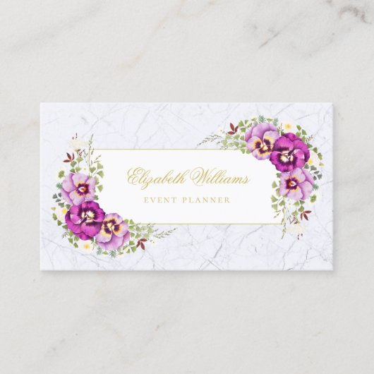 Elegant Floral  Pansies Paarse Chic Marble Visitekaartje (Voorkant)