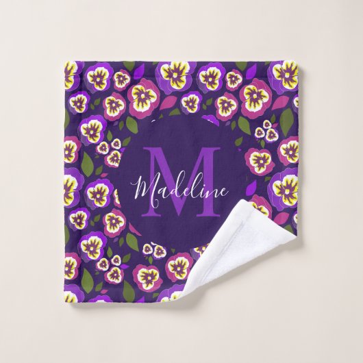 Elegant Floral Pansies Pattern Paars Monogram Bad Handdoek (Wasdoekje)