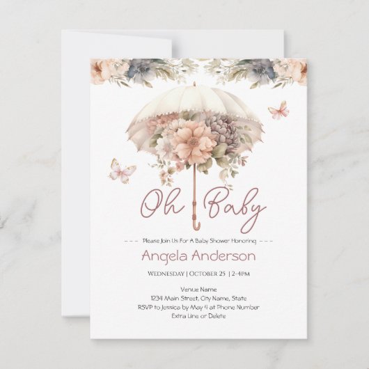 Elegant  Floral Paraplu Baby shower Kaart (Voorkant)