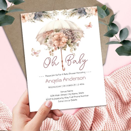Elegant  Floral Paraplu Baby shower Kaart