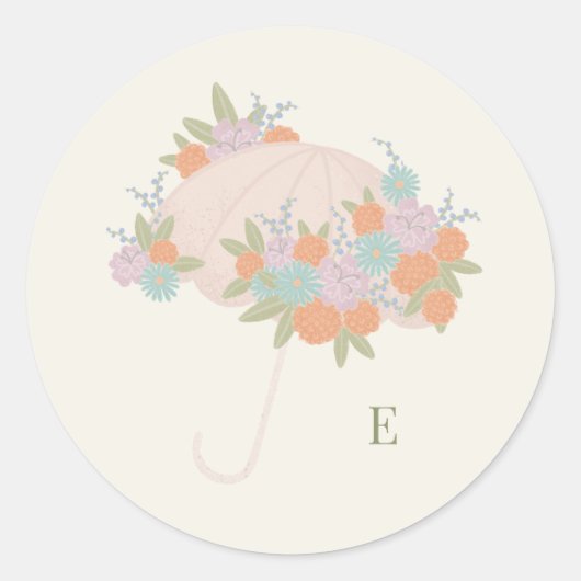 Elegant Floral Paraplu Monogram Baby shower Ronde Sticker (Voorkant)
