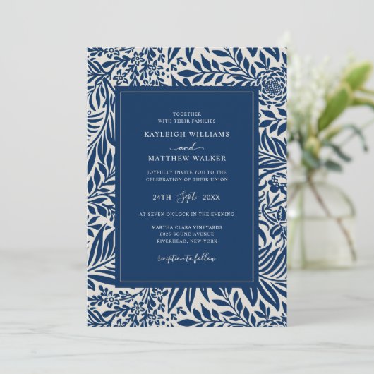 Elegant Floral Pattern | Blauwe uitnodiging (Staand voorkant)