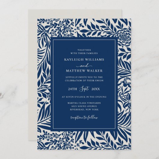 Elegant Floral Pattern | Blauwe uitnodiging (Voorkant / Achterkant)