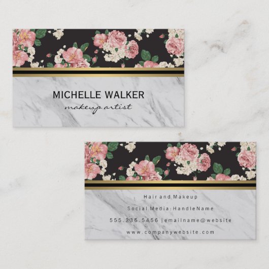 Elegant Floral Pattern Gold Metallic Trim Marble Visitekaartje (Voorkant / Achterkant)