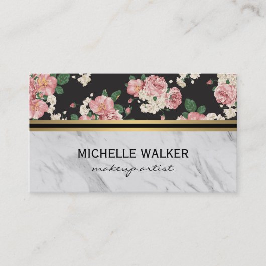 Elegant Floral Pattern Gold Metallic Trim Marble Visitekaartje (Voorkant)