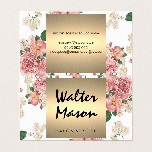 Elegant Floral Pattern Gold Trim Square Visitekaartje (Buitenkant ongevouwen)
