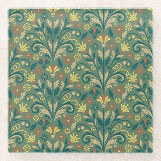 Elegant Floral Pattern in Yellow and Red on Green Glazen Onderzetter (Voorkant)