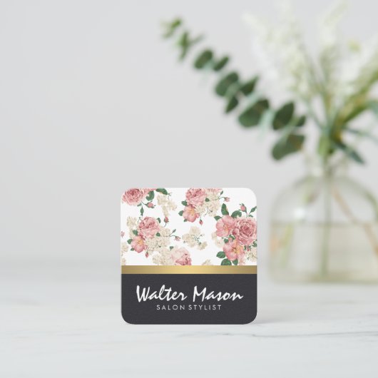 Elegant Floral Pattern Leather Gold Trim Vierkante Visitekaartje (Staand voorkant)