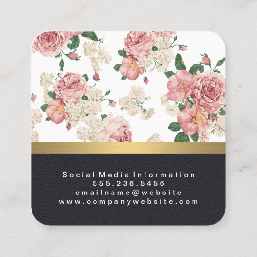 Elegant Floral Pattern Leather Gold Trim Vierkante Visitekaartje (Achterkant)