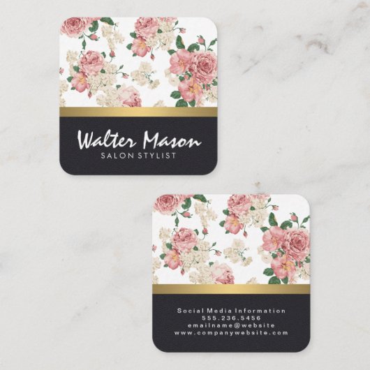 Elegant Floral Pattern Leather Gold Trim Vierkante Visitekaartje (Voorkant / Achterkant)