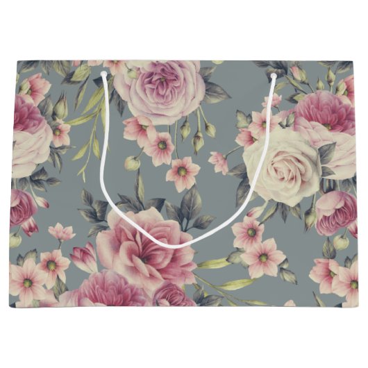 Elegant Floral Pattern of Pink Roses & Flowers Groot Cadeauzakje (Voorkant)