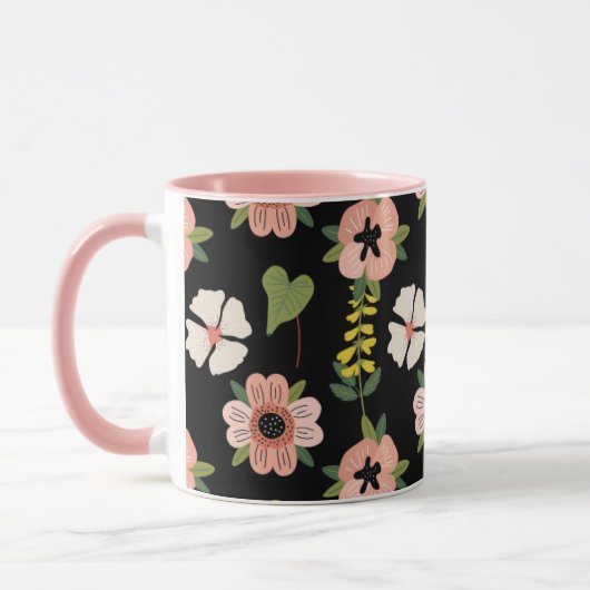 Elegant Floral Pattern on Black | Chic Botanical Mok (Links)