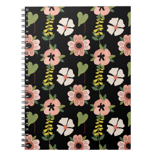Elegant Floral Pattern on Black | Chic Botanical Notitieboek (Voorkant)