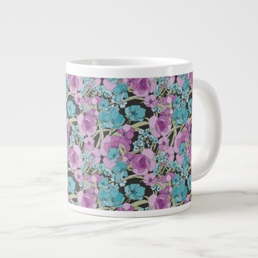 Elegant Floral Pattern roze Paarse Black Backgroun Grote Koffiekop (Voorkant rechts)