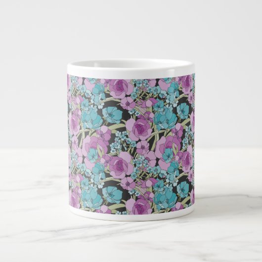 Elegant Floral Pattern roze Paarse Black Backgroun Grote Koffiekop (Voorkant)