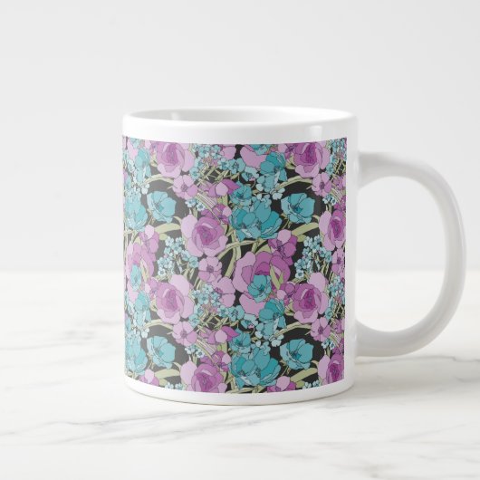 Elegant Floral Pattern roze Paarse Black Backgroun Grote Koffiekop (Rechts)