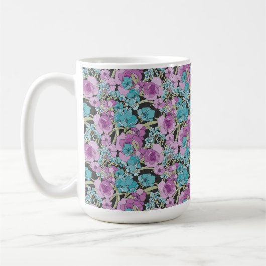 Elegant Floral Pattern roze Paarse Black Backgroun Koffiemok (Links)