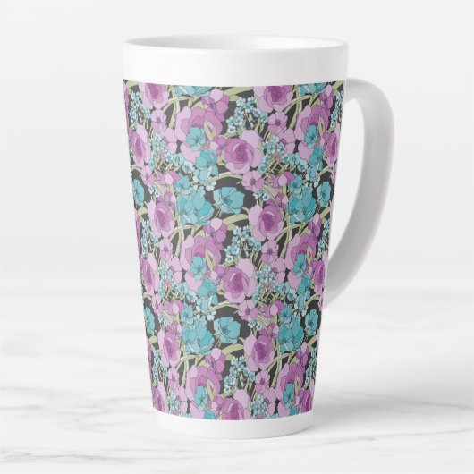 Elegant Floral Pattern roze Paarse Black Backgroun Latte Mok (Rechterhoek)