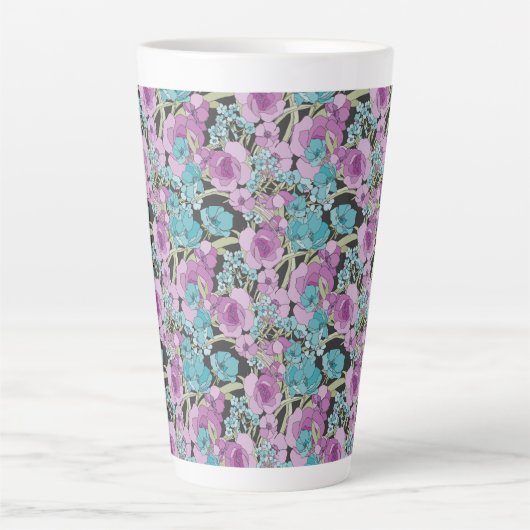 Elegant Floral Pattern roze Paarse Black Backgroun Latte Mok (Voorkant)