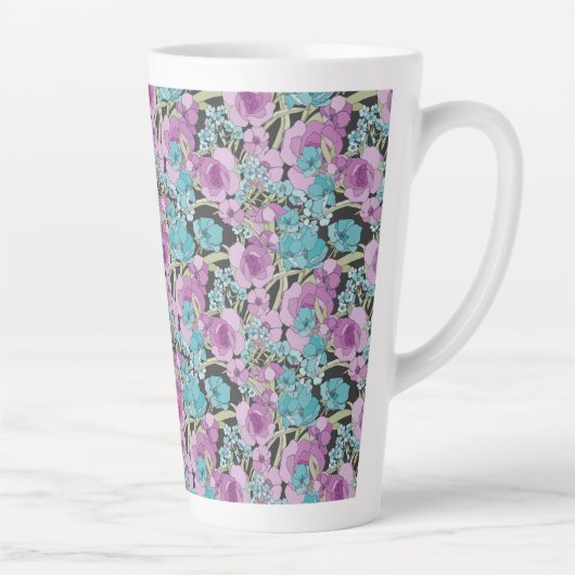 Elegant Floral Pattern roze Paarse Black Backgroun Latte Mok (Rechts)