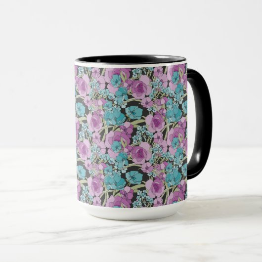 Elegant Floral Pattern roze Paarse Black Backgroun Mok (Voorkant rechts)