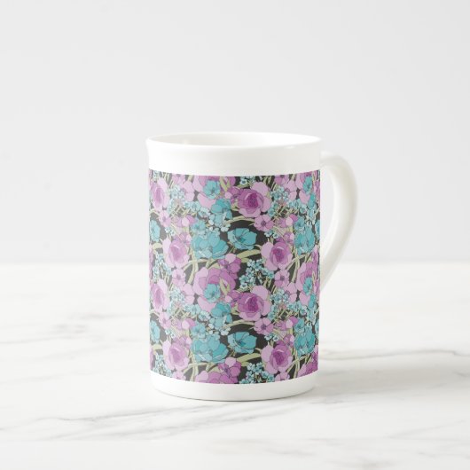 Elegant Floral Pattern roze Paarse Black Backgroun Porselein Kop (Voorkant rechts)