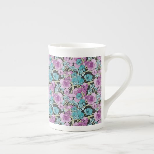 Elegant Floral Pattern roze Paarse Black Backgroun Porselein Kop (Rechts)