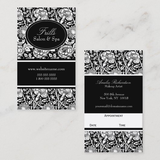 Elegant Floral Pattern Salon Black Afsprakenkaartje (Voorkant / Achterkant)