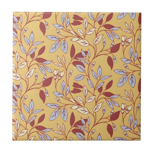 Elegant Floral Pattern with Red and Blue Leaves Tegeltje (Voorkant)