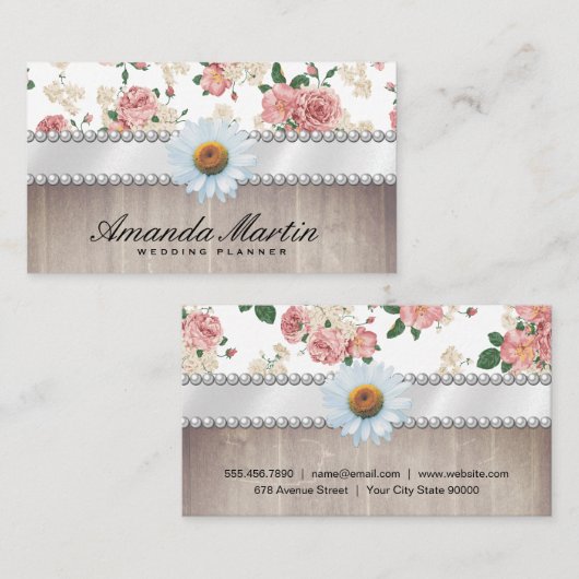 Elegant Floral Pattern Wood Trim en Daisy Visitekaartje (Voorkant / Achterkant)