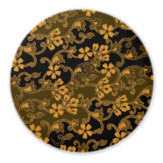 Elegant  Floral Pattern | Zwart en goud Keramische Knop (Voorkant)