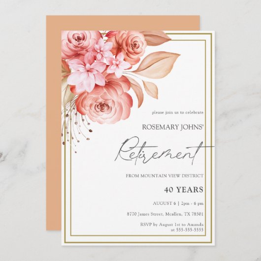 Elegant Floral Peach Retirement Kaart (Voorkant / Achterkant)