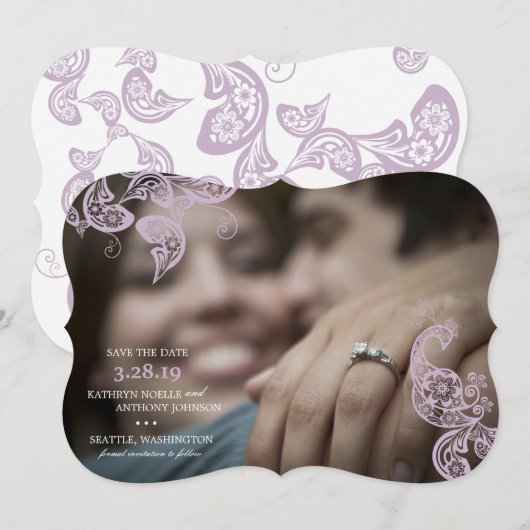 Elegant Floral Peacock Paarse Foto slaat de datum  Save The Date (Voorkant / Achterkant)