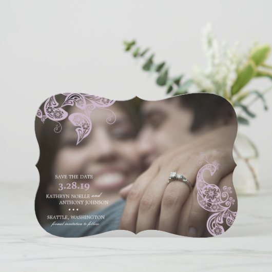 Elegant Floral Peacock Paarse Foto slaat de datum  Save The Date (Staand voorkant)