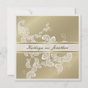 Elegant Floral Peacock White Wedding Invitation Kaart