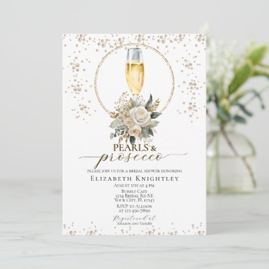 Elegant Floral Pearls & Prosecco Vrijgezellenfeest Kaart (Staand voorkant)