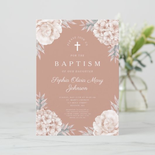 Elegant Floral Peonies Cross Girl Baptisme Kaart (Staand voorkant)