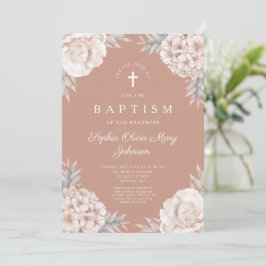 Elegant Floral Peonies Cross Girl Baptisme Kaart