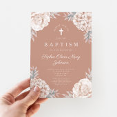 Elegant Floral Peonies Cross Girl Baptisme Kaart